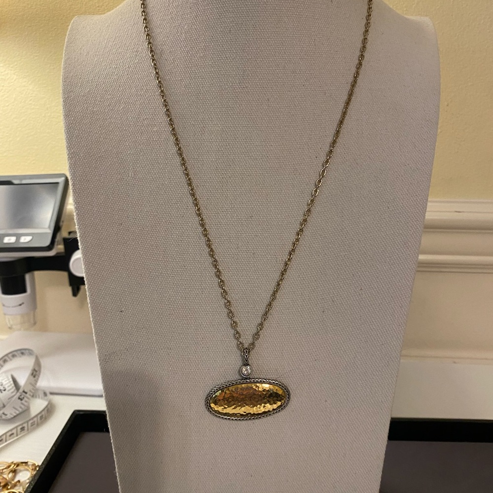 Gold Tone Oval Pendant Necklace with Textured Center - Picture 1 of 8